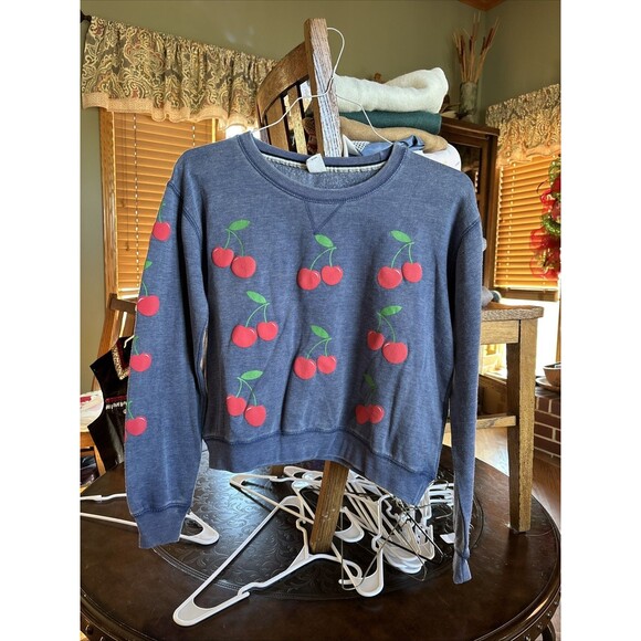 RELAX Women’s Cropped Sweatshirt BLUE CHERRIES Crew Neck Small - Picture 1 of 7